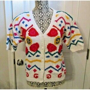 Jennifer Reed Cardigan Vintage 80s Hand Knitted Short Sleeve Sweater Size M